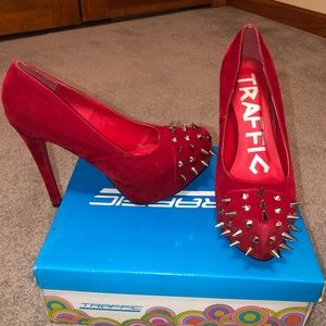 Traffic Red Velvet Spiked Heels Size 8